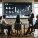A modern office scene with a financial advisor presenting to a small group of diverse clients. The presentation focuses on Exchange-Traded Funds (ETFs)